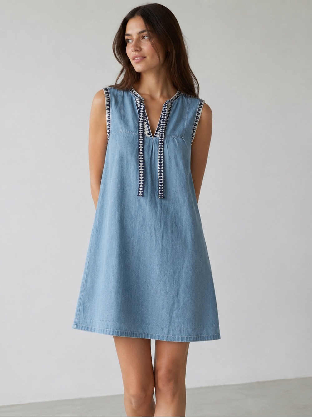 J. Crew Chambray Sleeveless dress with  Aztec Geometric Trim, size 8P